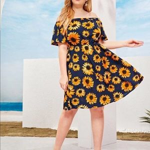 PLUS OFF SHOULDER FLUTTER SLEEVE SUNFLOWER DRESS